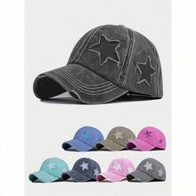 1pc Ladies' Embroidered 5-Pointed Star Washed Ponytail Distressed Baseball Cap, Sun Protection Leisure Hat Suitable For Spring/Autumn Travel, Beach Holidays, Men's Sun Hat, Y2K Style Youth Hat - A - 查看 1