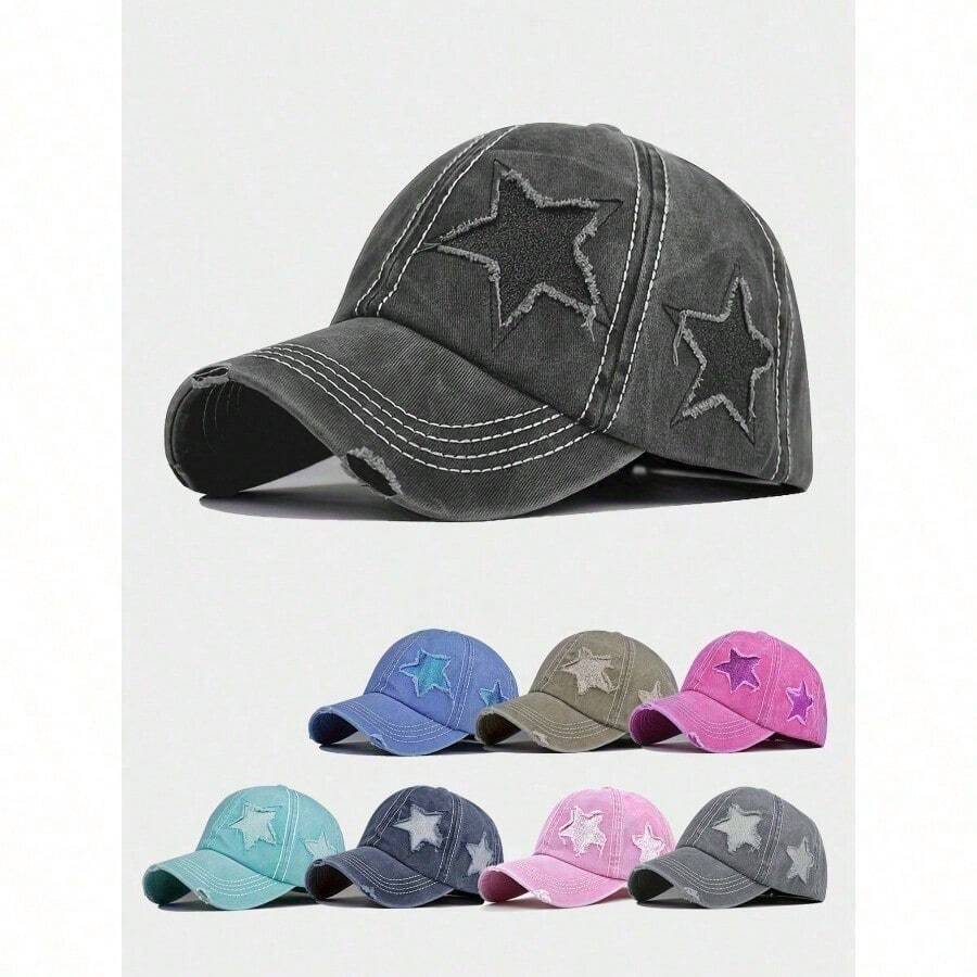 1pc Ladies' Embroidered 5-Pointed Star Washed Ponytail Distressed Baseball Cap, Sun Protection Leisure Hat Suitable For Spring/Autumn Travel, Beach Holidays, Men's Sun Hat, Y2K Style Youth Hat - A - 查看 1