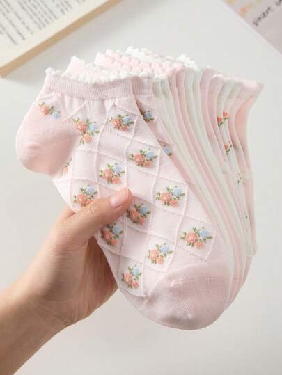 5 Pairs Elegant Floral Print Ankle Socks For Women, Non-Slip Breathable, Suitable For Spring & Summer