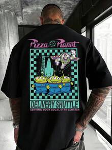 Disney Men's Casual T-Shirt, Pizza Planet Buzz Lightyear Print (Teal Checkerboard), Bold & Playful Design, Ideal For Fans & Casual Gatherings - Black - View 3