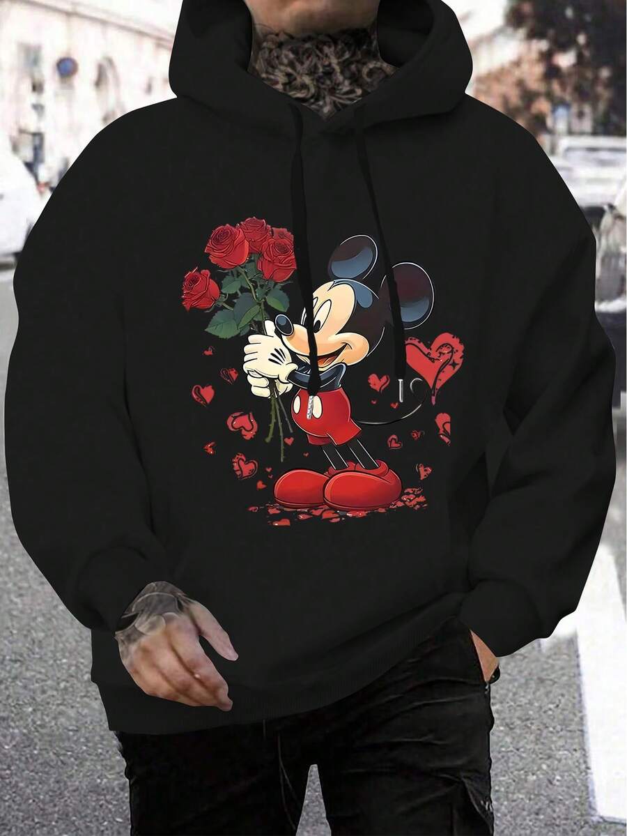 Disney Mickey Mouse AI Pattern Men's Sweatshirt, Regular Fit, Machine Washable, Suitable For Casual Wear In Autumn And Winter, Cartoon Character Design, Comfortable Fabric, Detailed Description, Easy To Care For, Suitable As A Gift, Birthday Gift, Or Present. - 黑色 - 查看 1