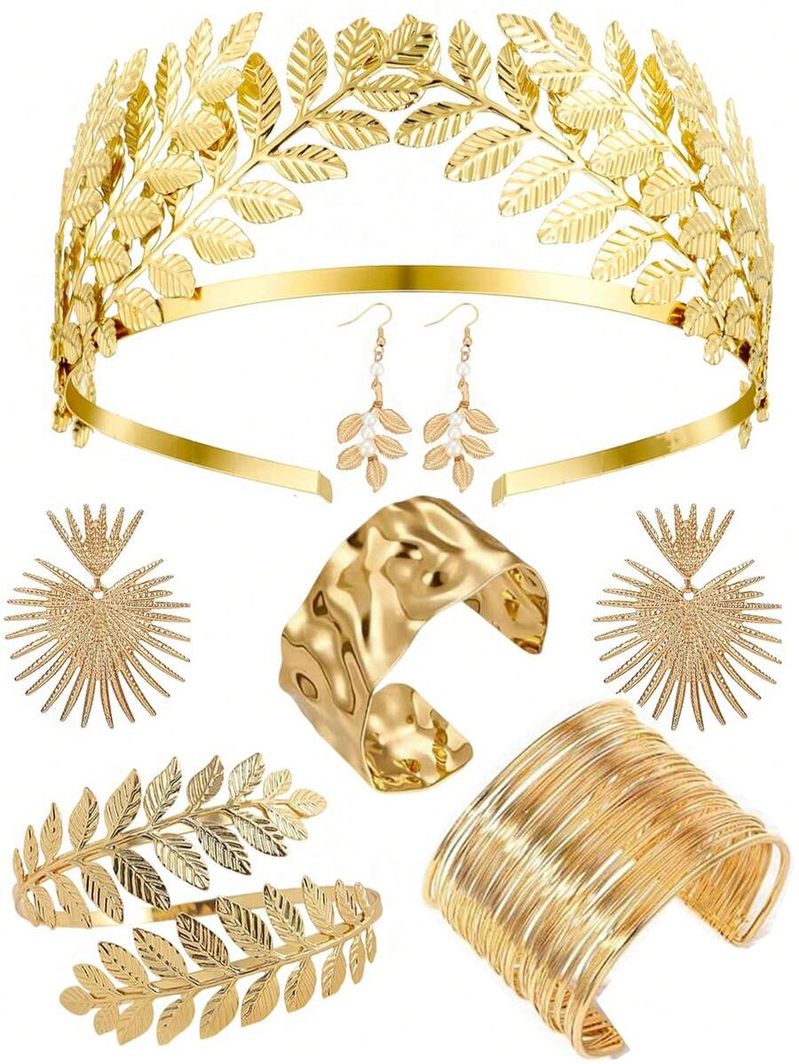 Greek Goddess Gold Leaf Crown Headpiece, Adjustable Gold Leaf Bracelet, Pearl Leaf Pendant Earrings, Fan-Shaped Earrings, Suitable For Brides, Weddings, Engagements - Gold - View 1