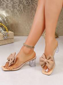 新款女士时尚高跟凉鞋，纯色沙滩魅力PVC合成革蝴蝶结装饰女士高跟凉鞋，派对沙滩夏季 - 卡其色 - 查看 4