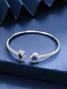 1pc Fashion Square Cubic Zirconia Decorative Bangle Bracelet, Blue/Silver Color, Suitable For Women Everyday Wear - Xanh đậm - Xem 2