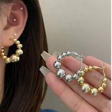 1 Pair Gold & Silver Tone Minimalist Elegant Ball Hoop Earrings, Luxury Earrings For Women, Autumn/Winter - Multicolor - View 3