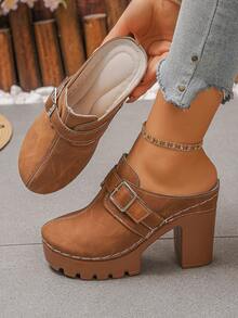 1 Pair Simple Solid Color Buckle Decor Comfortable Slip-On Women High Heel Platform Wedge Sandals, Closed Toe High Heels, Retro College Style For Spring/Summer Daily, Party, Music Festival, Brown - بني - مشاهدة 3