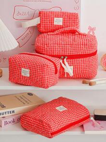 1Pc/Set Red Plaid Gilrs Make Up Bag Travel Toiletry Bag, Large Capacity Cosmetic Bag Pouch Handheld Makeup Bag Portable Toiletry Washing Bag Skincare Bag With Zipper Closure For Cosmetics,Brushes,Skincare,Lip Oil,Hand Cream,Sationery,Coin,Small Items,Make Up Case Makeup Pouch Cosmetic Organizer,Home Decor Livingroom Decor,Travel Essentials,Birthday Gift Wedding Bridesmaid Gift - Redberry Grid - View 4