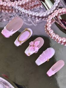 10片粉色亚克力假指甲，带3D花朵和金色边框装饰，亮面方形，可重复使用，适合情人节、婚礼、约会、日常佩戴，美甲师用品，美甲装饰，美甲凝胶 - 彩色 - 查看 6