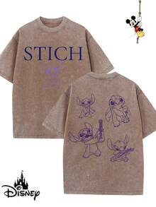 Disney-Licensed Men's Cotton T-Shirt For The 2026 Family Holiday. Featuring A Stitch Motif, Washed Crew Neck, Soft And Comfortable Feel, Easy Care And Suitable For Various Occasions Such As Holidays, Everyday Life And Commuting – Full Of Festive Spirit. - 咖啡棕 - 查看 1