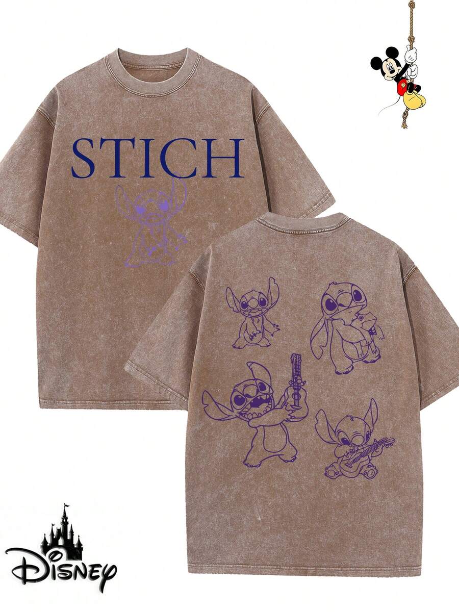 Disney-Licensed Men's Cotton T-Shirt For The 2026 Family Holiday. Featuring A Stitch Motif, Washed Crew Neck, Soft And Comfortable Feel, Easy Care And Suitable For Various Occasions Such As Holidays, Everyday Life And Commuting – Full Of Festive Spirit. - 咖啡棕 - 查看 1