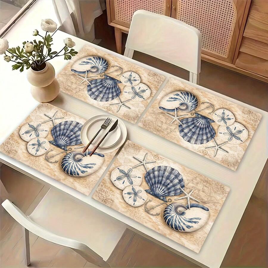 1 pieza Mantel de estilo oceánico, con patrón de conchas, tapete para el desayuno, diseño minimalista, decoración de mesa, accesorio de cocina, mantel de lino, posavasos, agarradera, base para tazón, fácil de limpiar, adecuado para el hogar, comedor, decoración del comedor, juego de regalo, regalo festivo, regalo para amigos - Multicolor - Ver 1
