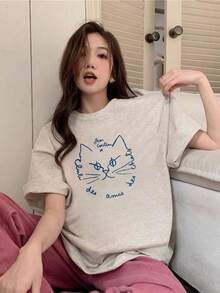 Women's Summer Loose Round Neck Minimalist Stylish Line Cat Print Short Sleeve T-Shirt Casual - Light Gray - View 3