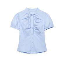 Blusa de gasa con decoración de moño minimalista de moda para mujer, color negro - Azul - Ver 7
