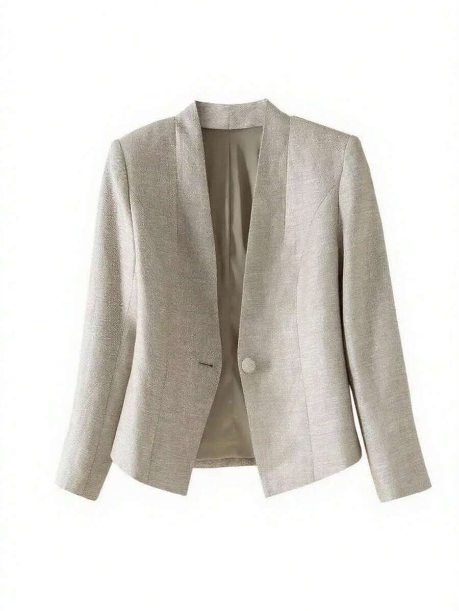 Plus Size Women Khaki Long Sleeve Single-Breasted Casual Jacket, Plus Size Women Suit Jacket Spring - Khaki - View 1