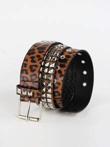 1条男女通用朋克摇滚豹纹真皮腰带，配银色金字塔铆钉和金属扣，适合青少年夏季休闲户外、度假、毕业礼物、生日礼服配饰、日常穿着、演唱会造型、街头服饰、节日造型。 - 駝色 - 查看 3