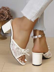 Women's Thick High Heel Round Toe Sandals, Spring/Summer New Narrow Heel Petite Sexy Open Toe Sandals, Bow Sandals - Beige - View 6