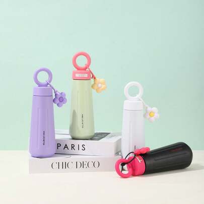 1pc 500ml/16.91oz Stainless Steel Vacuum Insulated Water Bottle, Floral Handle Design, Portable & Fashionable Flower Petal Water Cup, Cute Sports Water Bottle, Keeps Drinks Hot/Cold