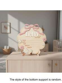 1pc "Hello World" Wooden Sign With Pink Bow, Cloud Shaped Floral Date Time Weight Length Board, Suitable For Room Photography Props - 1PC - View 9