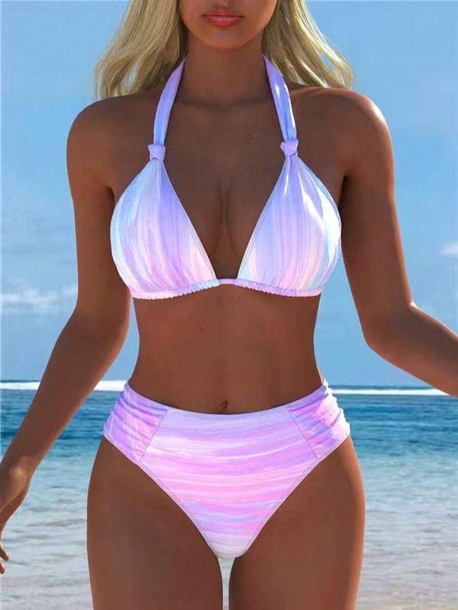 Conjunto de bikini triángulo con cuello de halter degradado para mujer, adecuado para vacaciones de verano en la playa - Multicolor - Ver 1