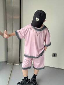 2件套男童渐变扎染短袖短裤，粉色字母印花休闲运动套装，适合大童夏季穿着 - 彩色 - 查看 6