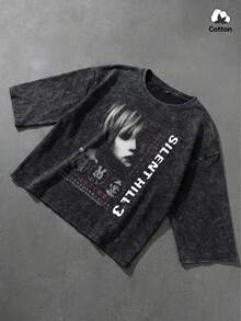 Camiseta de verano de moda callejera para hombres con gráfico de retrato humano oscuro, top corto de caja casual de uso diario de negro lavado elástico - Negro - Ver 1