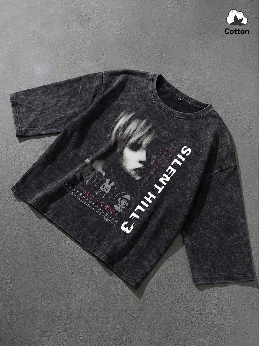 Camiseta de verano de moda callejera para hombres con gráfico de retrato humano oscuro, top corto de caja casual de uso diario de negro lavado elástico - Negro - Ver 1