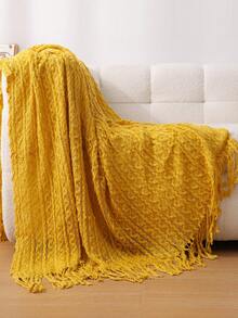 Cozy Knit Blanket With Ruffle Detail All-Season, Multi-Purpose & Comfortable For Camping, Sofa, Sunbathing, And Napping, Camping Essentials Ruffle Trim Blanket Knit, Camping Blanket - Wheat Ear Scarf Yellow - View 2