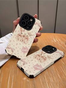 可爱兔子蝴蝶结竖条纹图案优雅仿皮防震防指纹手机壳，适合作为生日/节日礼物送给朋友、家人、情侣，兼容及其他型号 - 彩色 - 查看 2