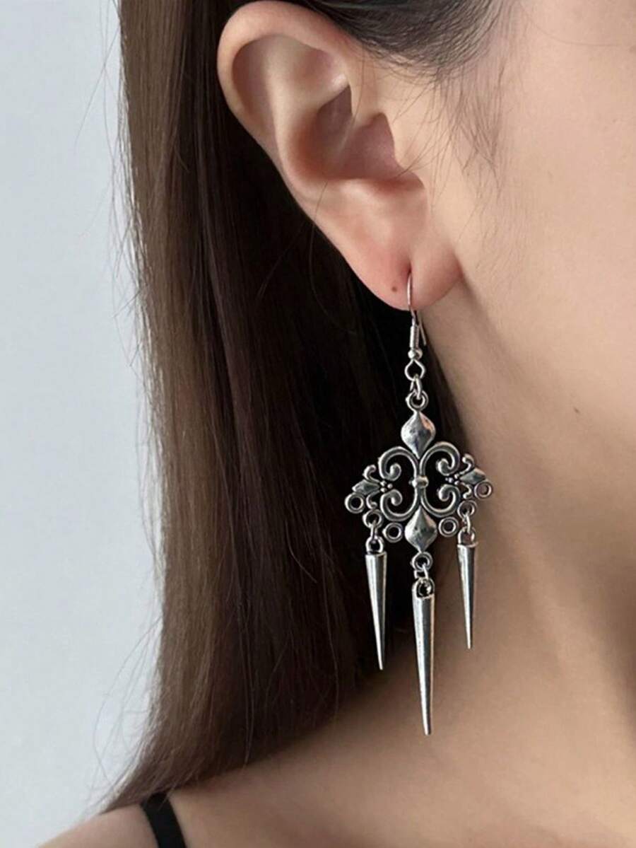 1 Đôi bông tai tua rua kiểu Gothic, tối giản, đa năng, phù hợp để đeo đi dự tiệc. - Bạc - Xem 1