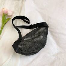Handmade Straw Waist Bag, Vacation Style Portable Chest Bag, Minimalist Japanese Crossbody Pouch - Black - View 3