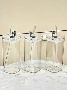 1个高品质透明方形玻璃杯，耐热，带吸管，高硼硅玻璃制成 - 透明 - 查看 4