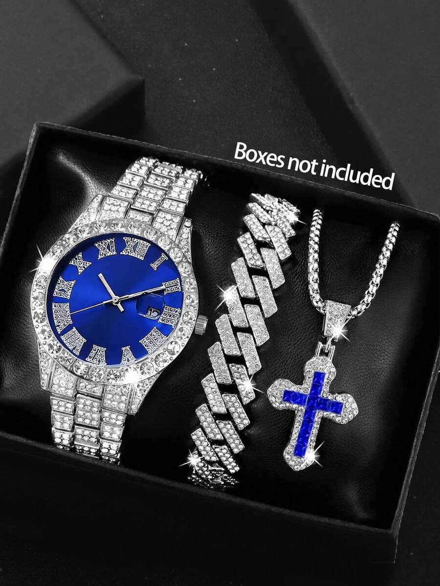 三件套：男士嘻哈石英表，时尚圆形表盘，带日历功能，锌合金表壳和表带，石英机芯，搭配水晶十字架项链和手链，时尚配饰礼盒套装 - 銀色 - 查看 1