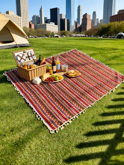 1pc Spring Boho Style Tassel Camping Blanket – Comfortable Fabric, Charming Floral Pattern With Tassel Trim. Suitable For Beach Trips, Camping Adventures, Hiking Expeditions, Travel Journeys, Family Concerts, Park Picnics, Backyard Gatherings, Outdoor Movie Nights, Indoor Dining Table Decoration, Party Table Setting, Patio Leisure, Garden Parties, Holiday Dinners & Casual Leisure Activities