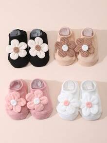 4 Pasang Kaos Kaki Pendek Motif Bunga untuk Bayi/Balita Perempuan, Warna Polos, Sol Anti Selip, Cocok untuk Semua Musim - MultiWarna - View 13