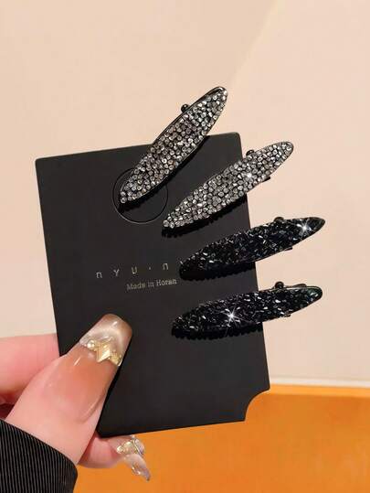 4pcs/Set Black & Silver Rhinestone Hair Clips, Includes 2 Full Rhinestone + 2 Partial Rhinestone Clips, Suitable For Women & Girls, Can Match Casual, Vintage, Formal Outfits For All Occasions