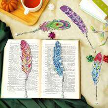 6 chiếc bookmark tranh đính đá, họa tiết lông vũ, chất liệu PET, đính đá pha lê một mặt, thiết kế đá quý tròn, thích hợp làm quà tặng tựu trường, quà tặng Lễ Tạ ơn. - Xem 7