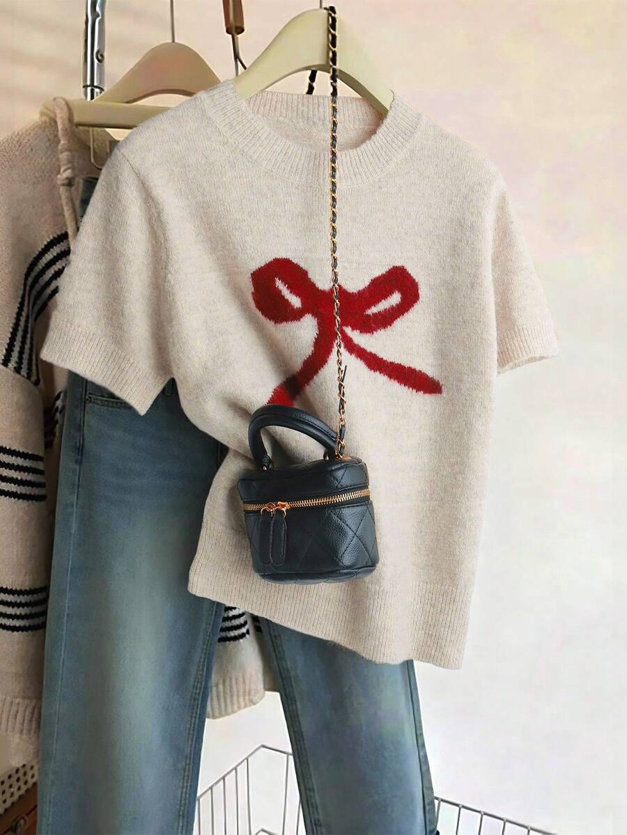 Suéter de manga corta de punto elástico de longitud regular para mujer, jersey casual de cuello redondo con estampado de lazo - Nuevo color albaricoque - Ver 1