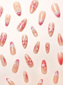 24Pcs/Set Almond-Shaped French Elegant 3D Ocean Style Starfish Waterdrop Flower Decor Full Coverage Press-On Nails With 1Pc Jelly Gel And 1Pc Nail File, Perfect For Romantic Daily Date Looks Nail Supplies Nails - 多色 15 - 查看 4