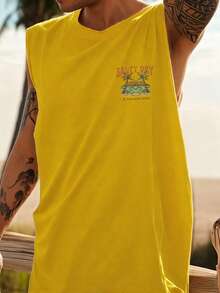 Áo ba lỗ in chữ hình cây cọ mùa hè nhẹ nhàng cho nam - Màu vàng - Xem 3