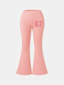 这款专为女孩设计的休闲套装采用时尚的字母印花设计，包括一件白色短袖圆领T恤和一条中腰喇叭裤。 - 粉色 - 查看 7