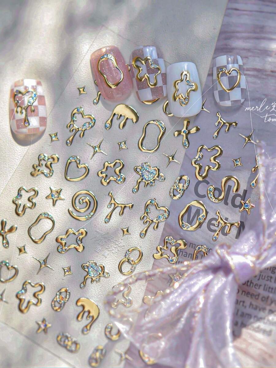 1 Piece Of Metal Nail Sticker Gold And Silver Heart-Shaped Nail Sticker 5D Heart-Shaped Nail Sticker Nail Decoration Sticker Nail Stickers - Gold - View 1