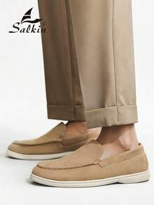 设计师时尚男士莫卡辛鞋，纯色绒面单脚套脚乐福鞋，男士真皮鞋，绅士商务社交鞋，男士日常办公派对婚礼鞋，情侣约会鞋，浪漫晚餐鞋，节日礼物鞋，返校学生休闲鞋，学院风，请选择大一码的尺码。 - 卡其色 - 查看 4