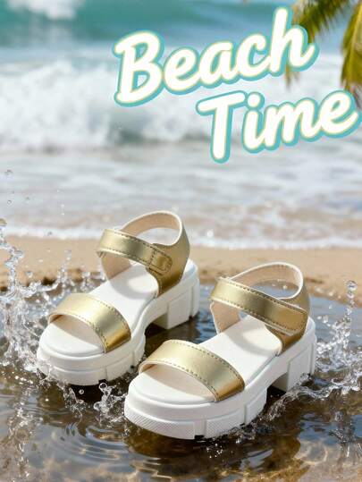 1双金色儿童凉鞋，女童露趾防滑平底凉鞋，魔术贴搭扣，闪亮金属金色鞋面设计，适合夏季郊游、海滩派对、婚礼、日常休闲穿着