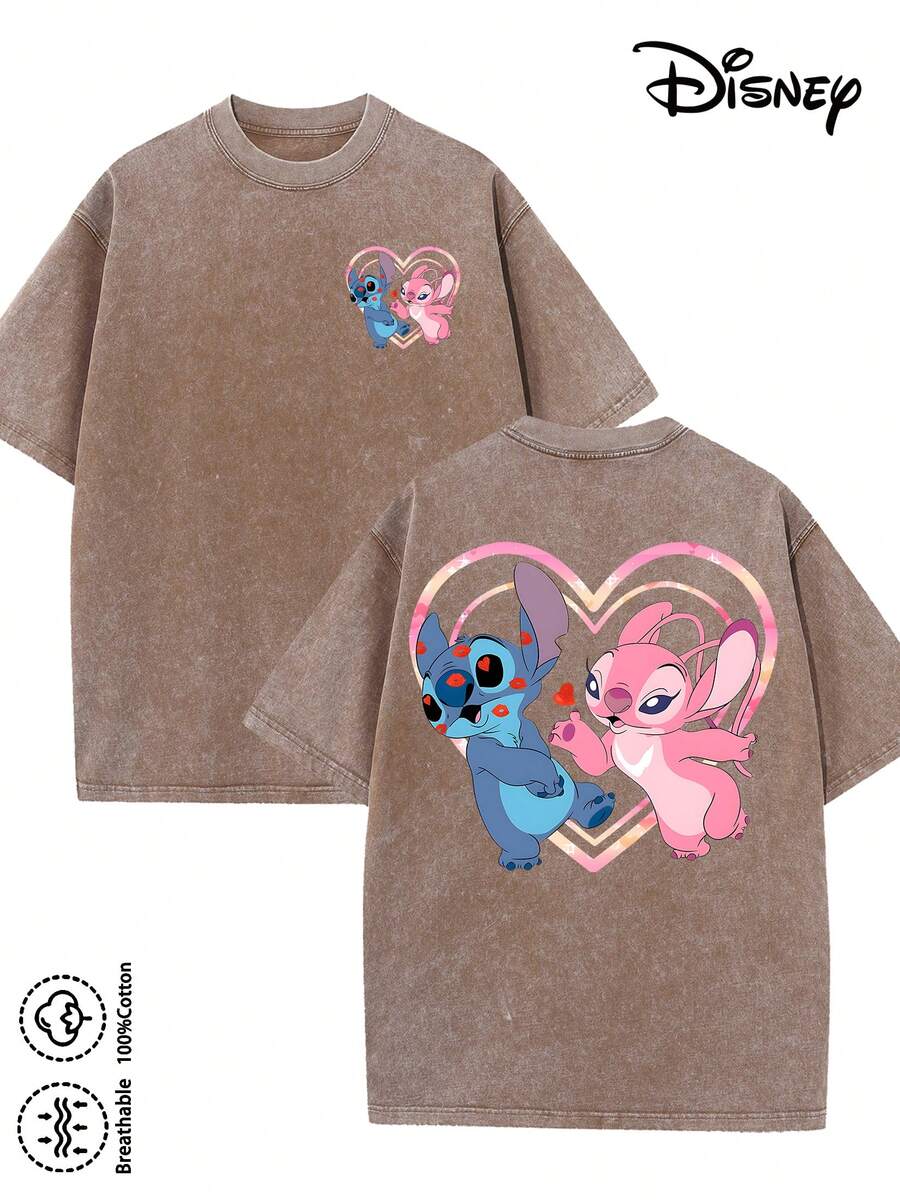 Disney-Licensed Men's Cotton T-Shirt For The 2026 Family Holiday. Featuring A Stitch Motif, Washed Crew Neck, Soft And Comfortable Feel, Easy Care And Suitable For Various Occasions Such As Holidays, Everyday Life And Commuting – Full Of Festive Spirit. - 咖啡棕 - 查看 1