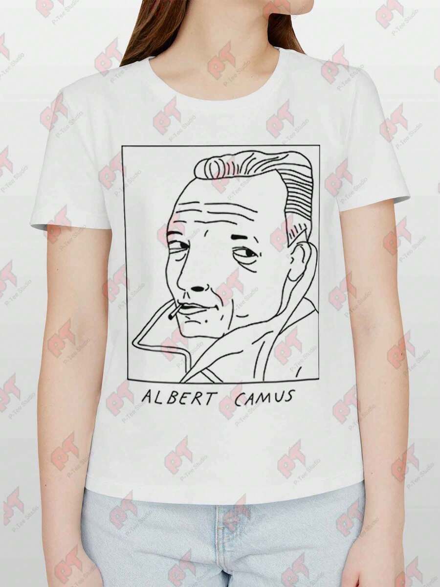 Badly Drawn Authors Albert Camus T Shirt - White - View 1