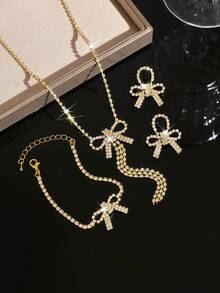 3 pezzi Set di gioielli da sposa, collana, orecchini e bracciale con strass, adatto per spose, fidanzamenti, anniversari, regalo di San Valentino - Set di quattro pezzi di gioielli in oro del 1807 - Visualizzare 4