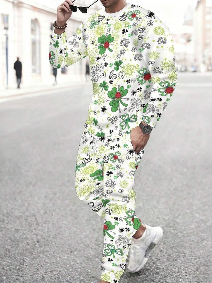 Set di pantaloni e maniche lunghe da uomo con stampa 3D a quadrifoglio verde per la festa del cappello | Colori vivaci, design senza collisione, senza selezione specifica del corpo, collo rotondo, vestibilità regular, adatto per la stagione primavera/autunno, ideale per il pendolarismo. - Colori misti - Visualizzare 1