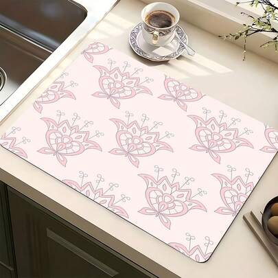 1 件装超强吸水速干防滑厨房垫 - 花卉图案餐具沥水垫，防滑底座，适用于咖啡吧、餐桌 - 易于清洁，速干设计，适合现代或传统厨房，咖啡吧配件，时尚家居装饰