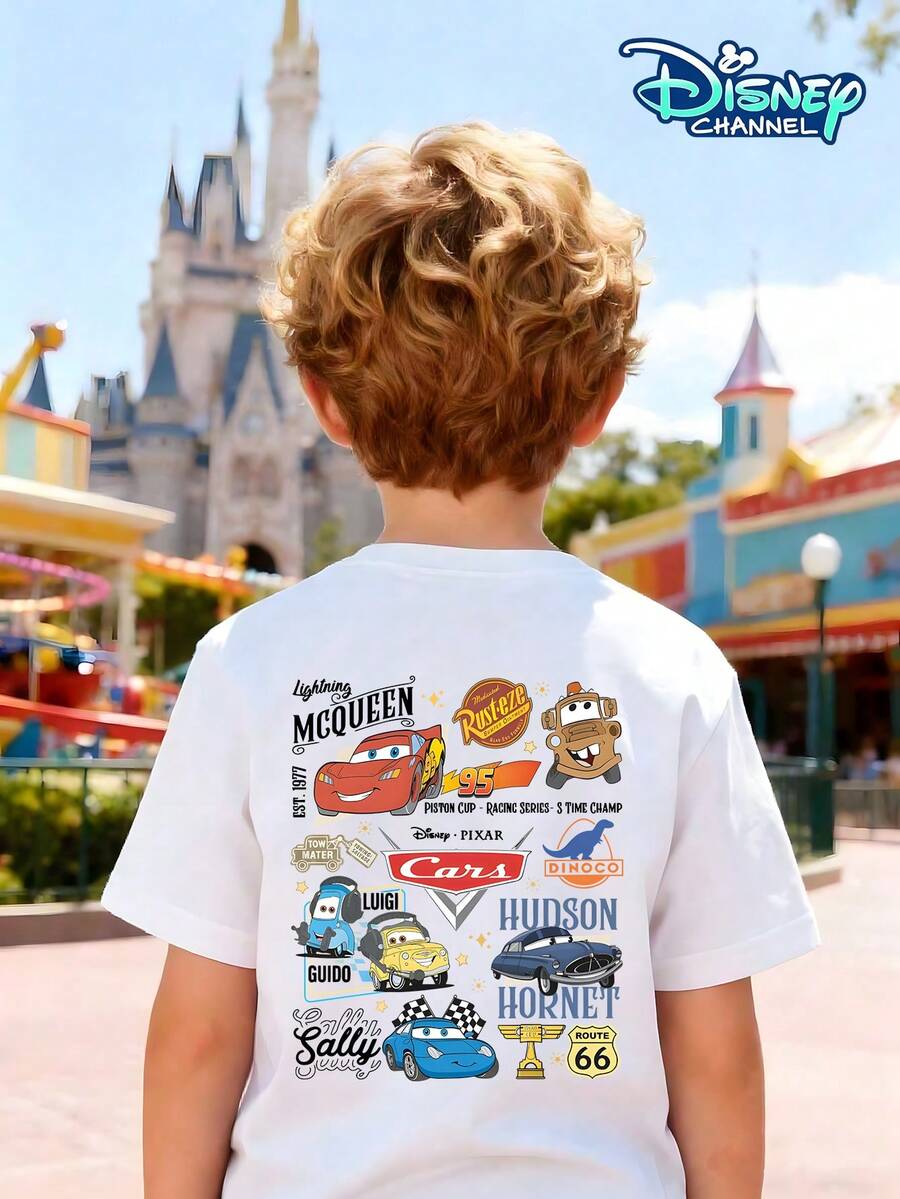 Disney Cars Retro Racing Car Illustration Crew Neck T-Shirt For Boys (Ages 4-12), 100% Cotton Short-Sleeve. The Back Features A "Racing Car Illustration" Design, Clearly Recreating Iconic Features Such As Lightning McQueen's Red Car Body, Mater's Trailer Shape, And Doc Hudson's Retro Lines. Each Character Has Their Own Unique Expression, And The "Piston Cup" Logo Completes The Look. It's Both Adorable And Collectible, Perfectly Capturing The Thrill Of The Racing World. Pairs Well With Jeans, Cargo Pants, Or Leggings. Suitable For Family Outings, School Activities, Club Activities, And Outdoor Adventures. - White - View 1