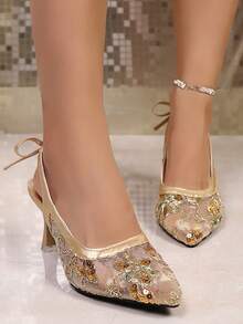Women's Pointed Toe Lace High Heel Pumps, Backstrap Hollow Bowknot Stilettos, Elegant Party Dress Shoes - Gold - View 2